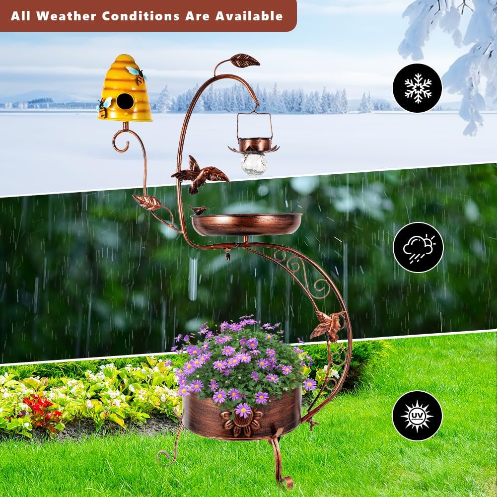 DREAMSOUL Solar Bird Bath with Bird House, 3 in 1 Bird Bath for Outside with Flower Planter, Metal Birdbath with Solar Light for Garden Yard Decor