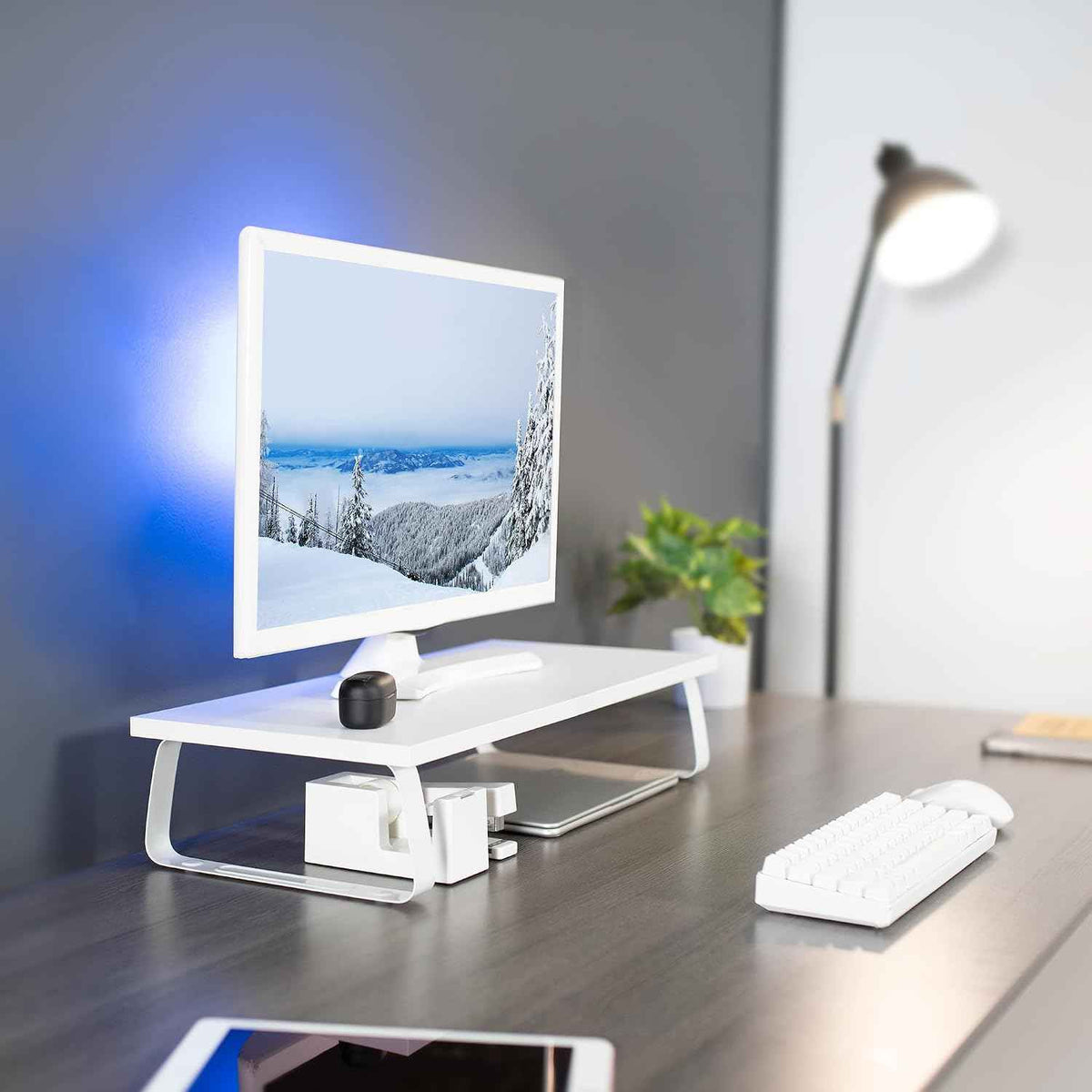 VIVO 24 inch Monitor Stand, Wood & Steel Desktop Riser, Screen, Keyboard, Laptop, Small TV Ergonomic Desk and Tabletop Organizer, White, STAND-V000D-W
