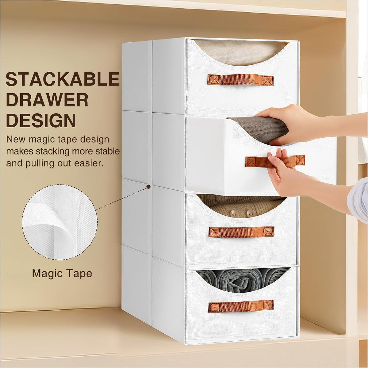 Closet Organizers and Storage - Large Stackable Storage Bins with Drawer, Fabric Bins for Organization, Collapsible Storage Drawers Organizer for Bedroom, Living Room, 4 Pack, White - Field & Nook