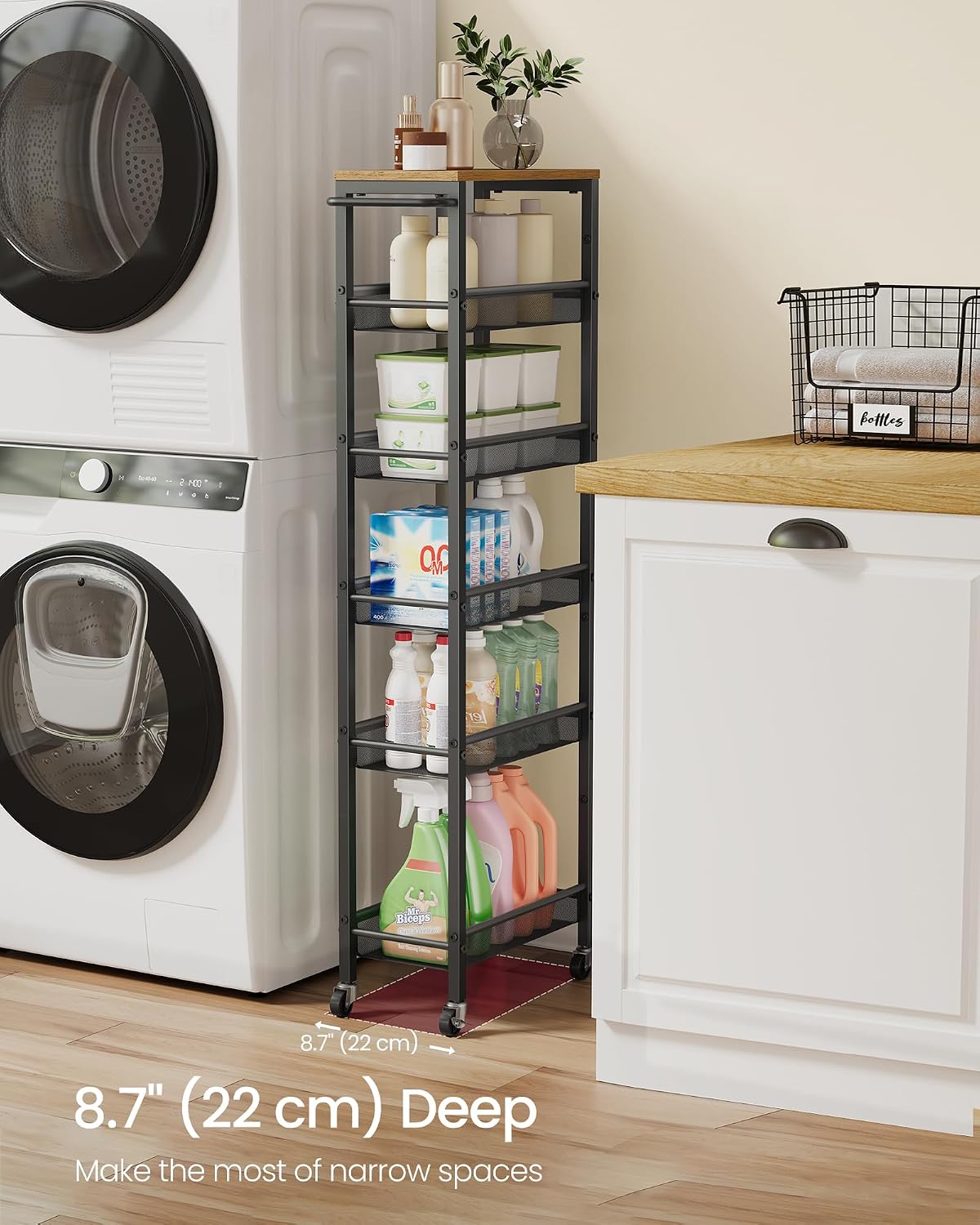 Slim Rolling Kitchen Storage Cart – 6-Tier Narrow Organizer, 8.7-In Wide