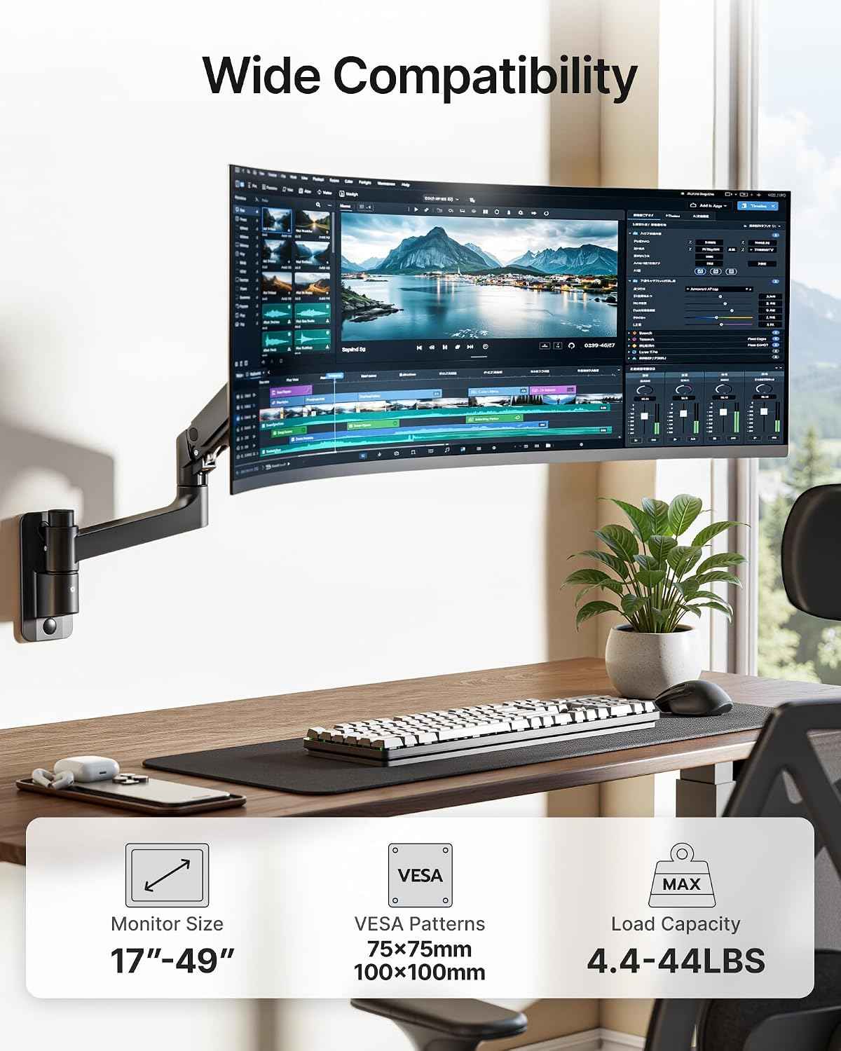 Single Wall Mount Monitor Arm for 17-49" Ultrawide Screens | Heavy Duty Wall Mount Stand Holds up to 44 LBS