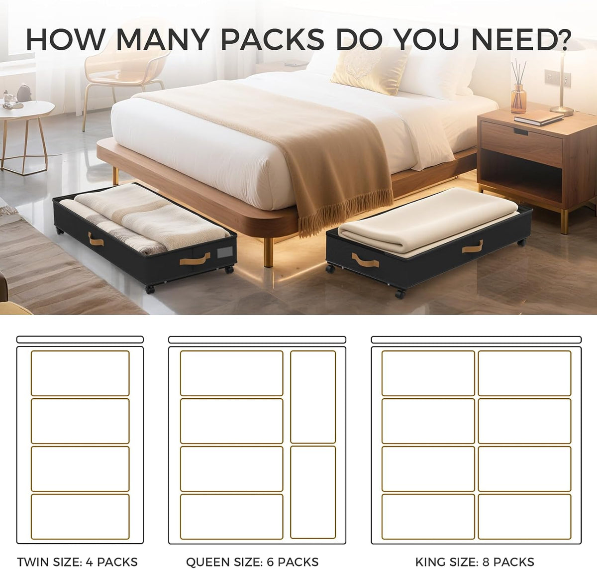 75L 2 Pack Adjustable Under Bed Storage with Wheels | Underbed containers with clear lids, rolling under bed shoe storage organizer for dorm home clothes, blankets, shoes, black - Field & Nook