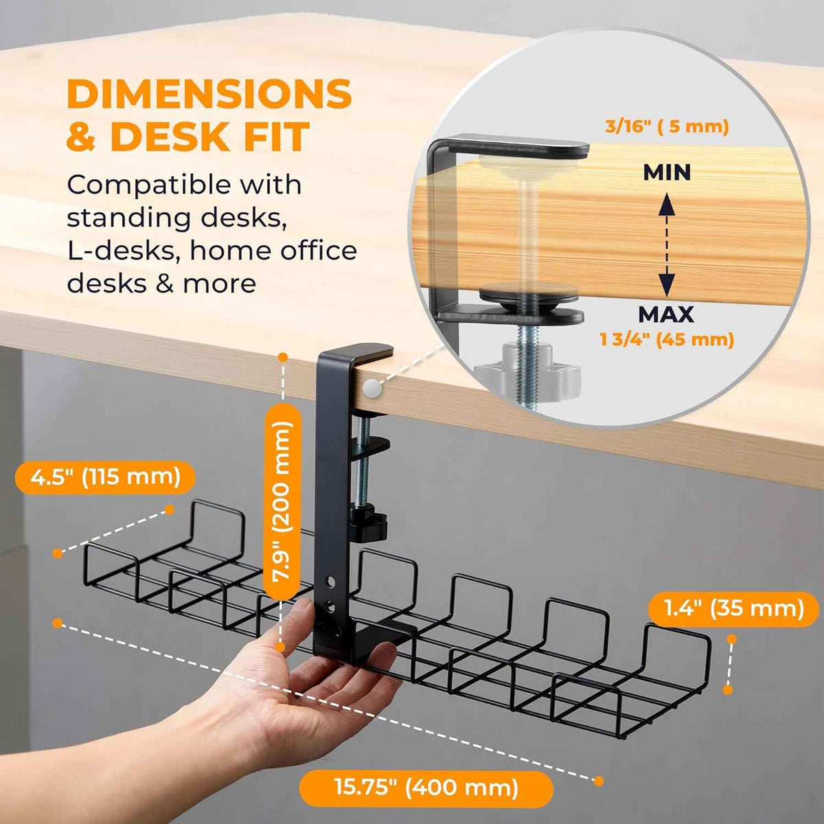 Clamp-On Under-Desk Cable Management Kit – Metal Tray with Sleeve, Clips and Ties, Black