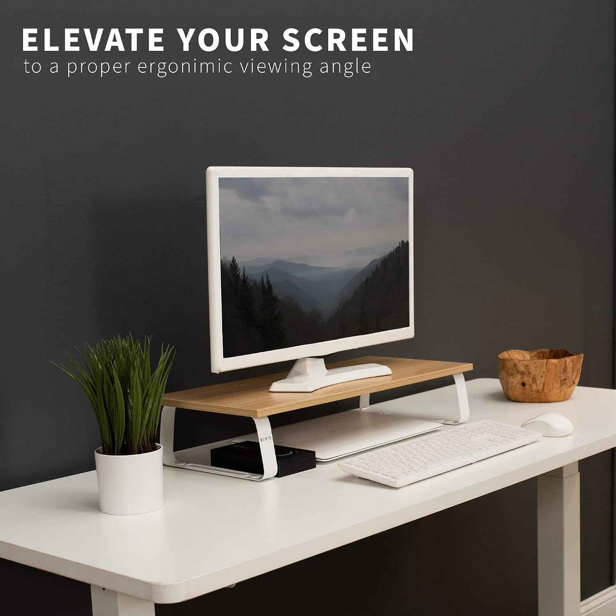 VIVO 24 inch Monitor Stand, Wood and Steel Desktop Riser, Screen, Keyboard, Laptop, Small TV, Ergonomic Desk and Tabletop Organizer, Light Wood, STAND-V000WM