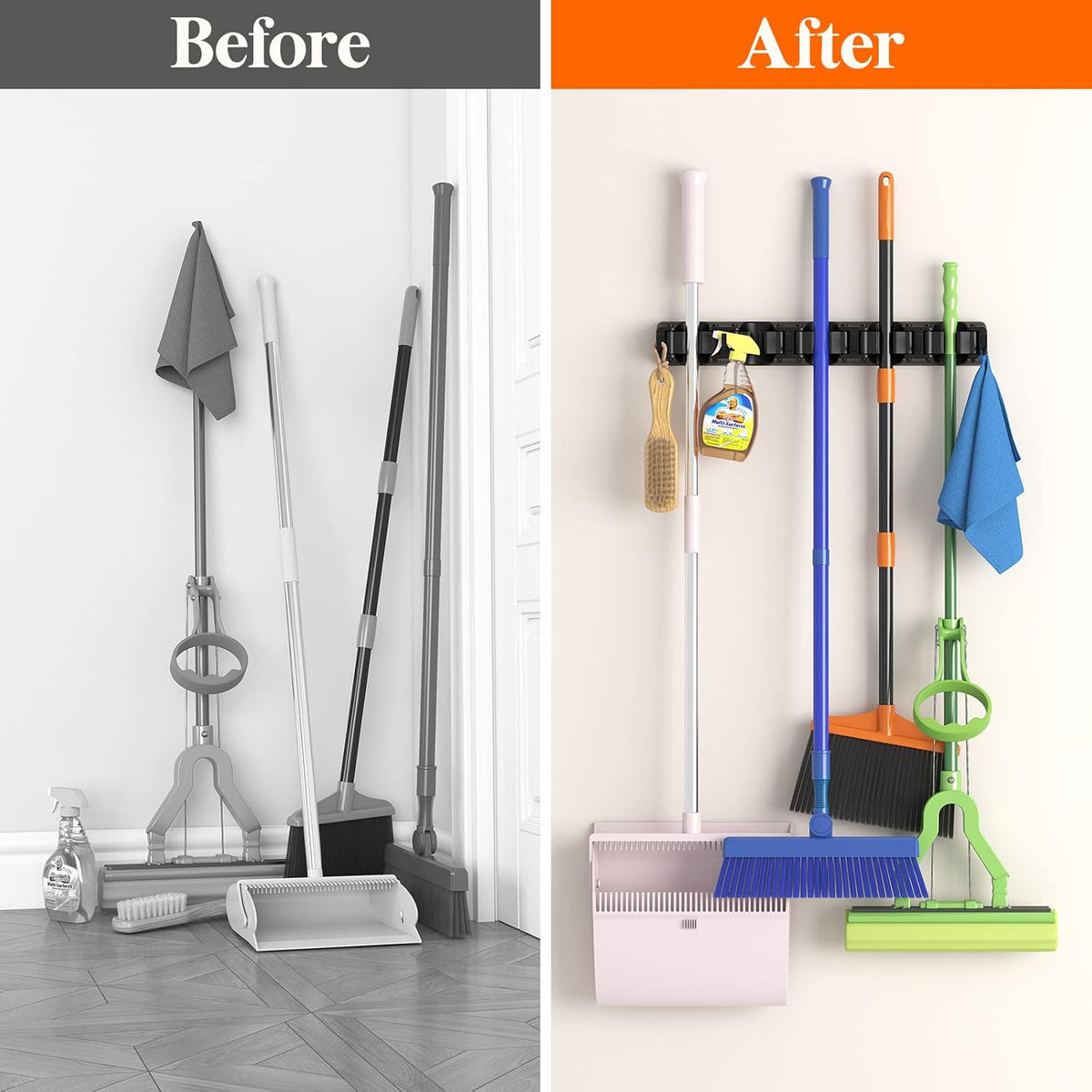 Lifewit Mop and Broom Holder Wall Mount, Anti-Slip Broom Hanger for Cleaning Supplies Organizer, Easy Install Tool Hanging Rack for Closet, Kitchen, Garage, 5 Slot 6 Hooks, Hold 30lbs, Black, 1 Pack | Anti-Slip Broom Storage for Cleaning Organizer, Eas... - Field & Nook