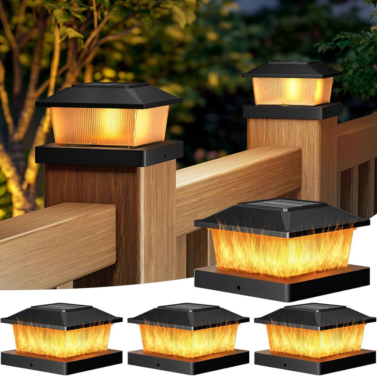 btfarm 4x4 Solar Flame Post Cap Lights Outdoor, 4 Pack Flickering Flame Fence Deck Post Lights, Waterproof Solar Powered Lighting Outside Fit 4x4 3.5x3.5 Wooden/Vinyl for Porch Patio Garden, Black Cap