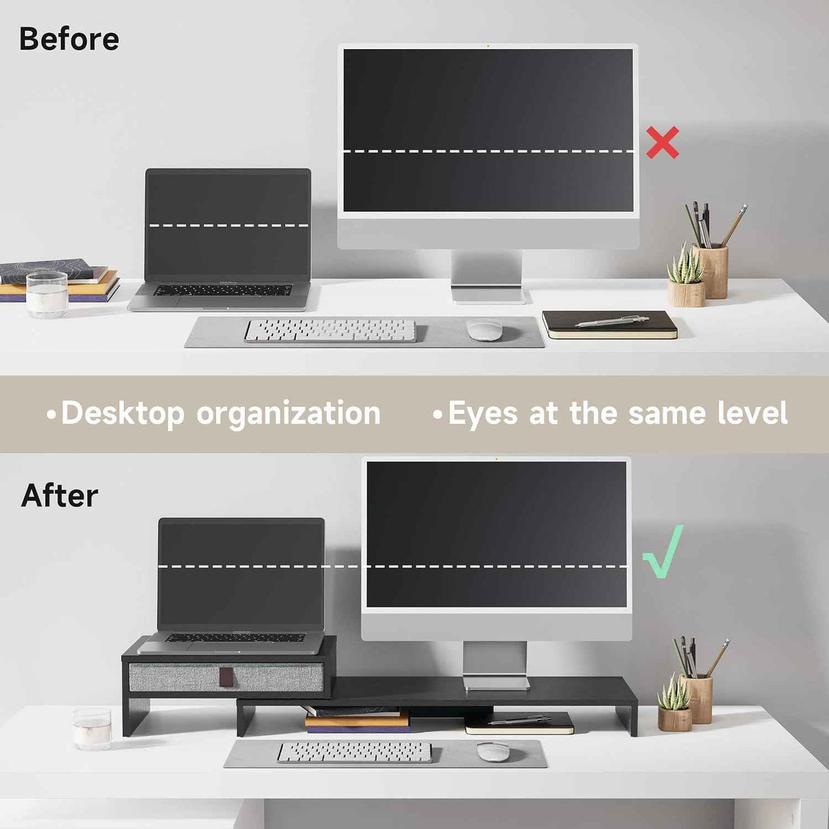Fenge Triple Monitor Stand with Srorage Drawer, Adjustable Length and Angle | Computer Monitor Riser for 2 or 3 Monitors, Wooden Desktop Laptop Stand, Office Organizer for PC, Screen, Tablet, Black