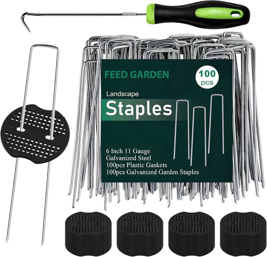 FEED GARDEN 6 Inch 100 Pcs Galvanized Landscape Staples 100 Pcs Gaskets Pick Hook Garden Stakes 11 Gauge Anti-Rust Landscaping Fabric SOD Pins U Shaped Yard Turf Stakes for Weed Barrier Fabric