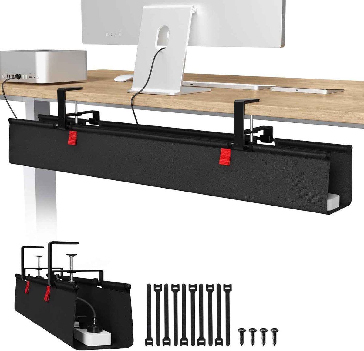 36-Inch Under-Desk Cable Tray – No-Drill Clamp-On Fabric Cord Organizer, Black