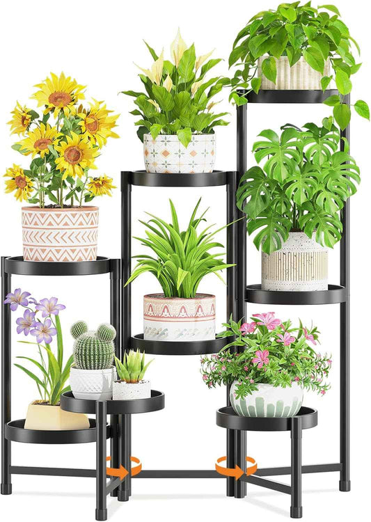 LASZOLA 8 Tiered Folding Plant Stand Indoor for Multiple Large Planter, Tall Heavy Duty Adjustable Rack with Rust Proof 10 Inch Wide Tray, Sturdy Vertical Tree Organizer for Narrow Inside Floor, Black