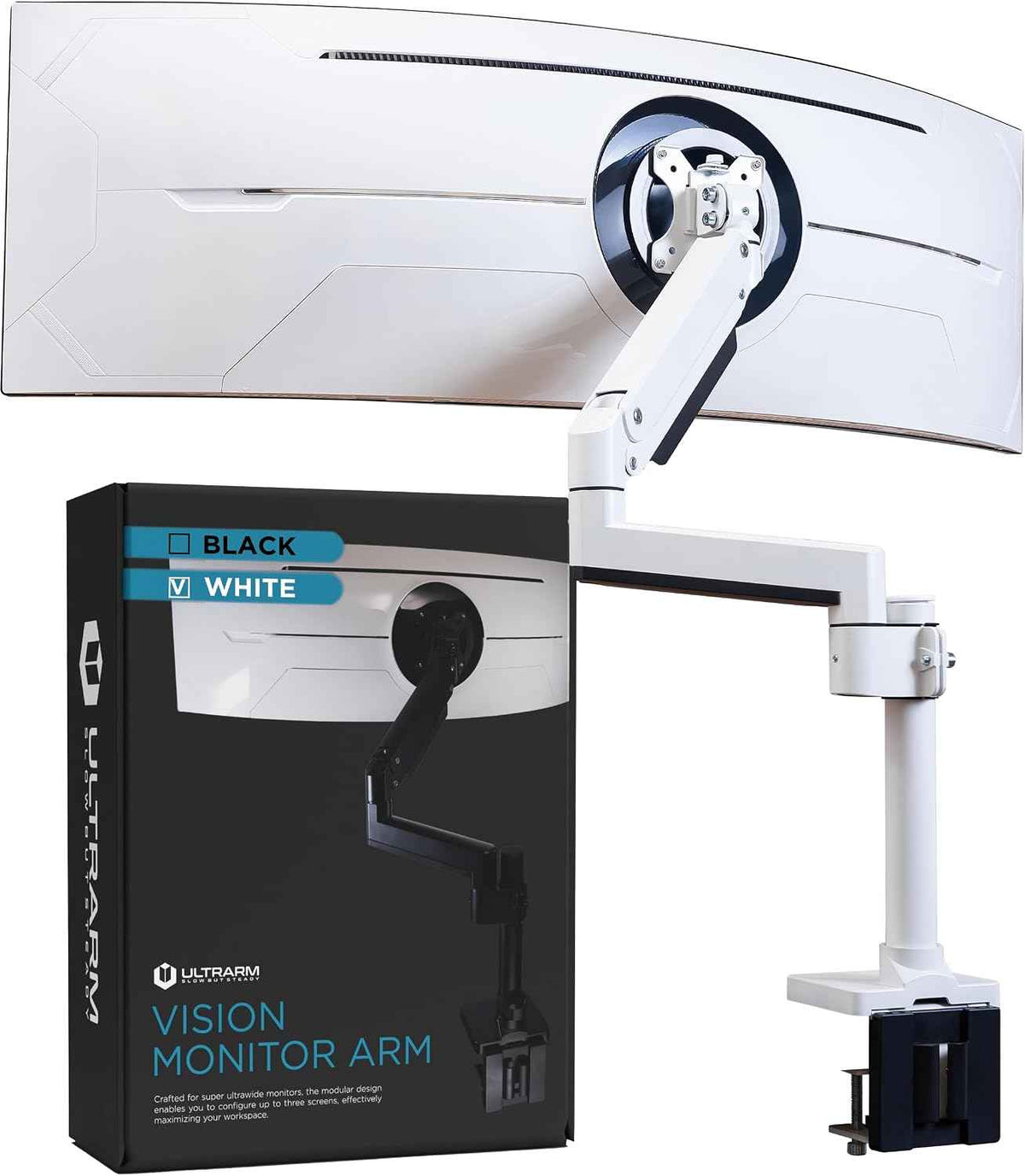 ULTRARM Heavy Duty Monitor Arm for Ultrawide Curved Monitors Modular Design | Max 57", 44 lb, 900R Screens, VESA 100x100, Upgradable, Pneumatic Height Adjustable, C-clamp & Grommet Mount, White, MA20PW-S