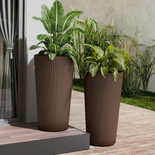 23.6" Tall Planters for Outdoor Plants,Large Outdoor Planters for Front Porch Decor with Drainage Hole, Flower Pots Fits Indoor Plants Patio/Garden, Plastic Striped Brown(2 Pack)