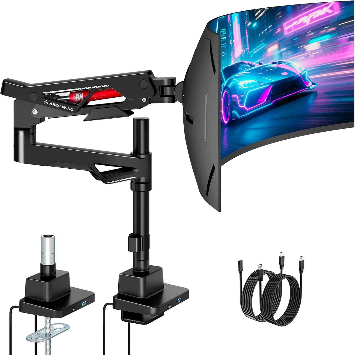 ARES WING Heavy-Duty Gas Spring Ultrawide Monitor Arm 57"66Lbs USB VESA | Height Adjustable & Extendable, Built-in USB Port, Multi VESA Compatible, Clamp & Grommet Base, For Large Ultrawide Monitor