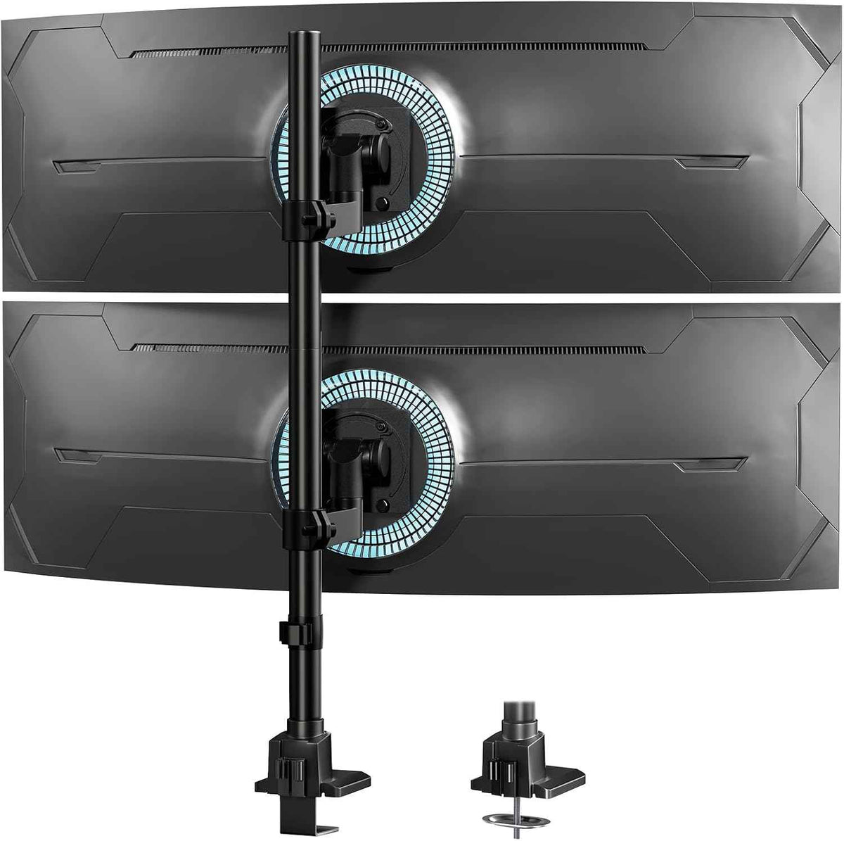 Dual Ultrawide Monitor Mount for 24-57'' Screens, Max Load 59.4 lbs per Arm | Vertically Stacked, Heavy Duty, Aluminum, Fully Adjustable, Topside Clamp/Grommet Mounting, VESA 75/100 mm, Black