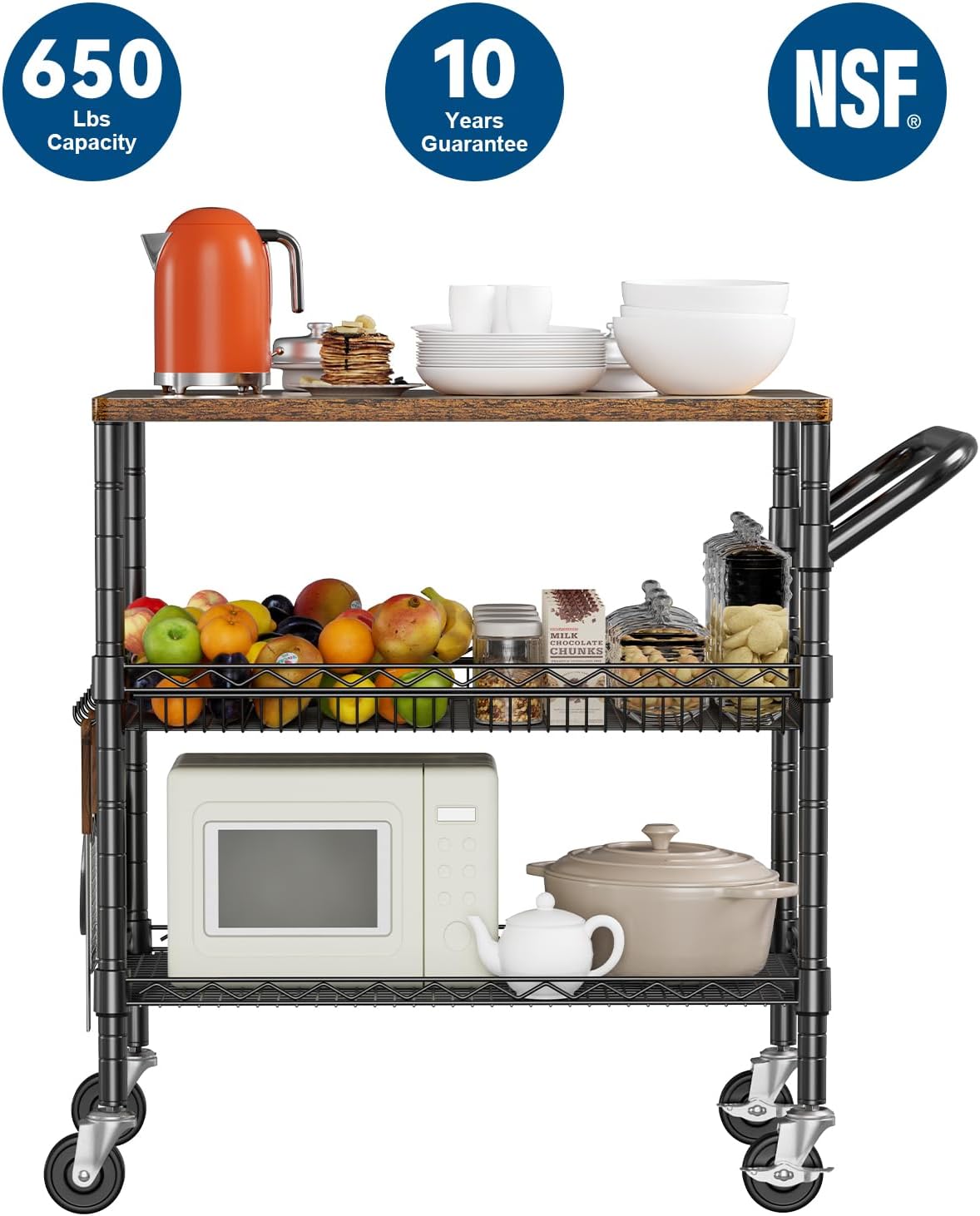 3 Tier Rolling Carts with Wheels, Heavy Duty Rolling Utility Cart with Wood Tabletop, Commercial Grade Metal Cart with Handle and Hooks, NSF Storage Serving Carts for Kitchen Island, Wood+Metal - Field & Nook