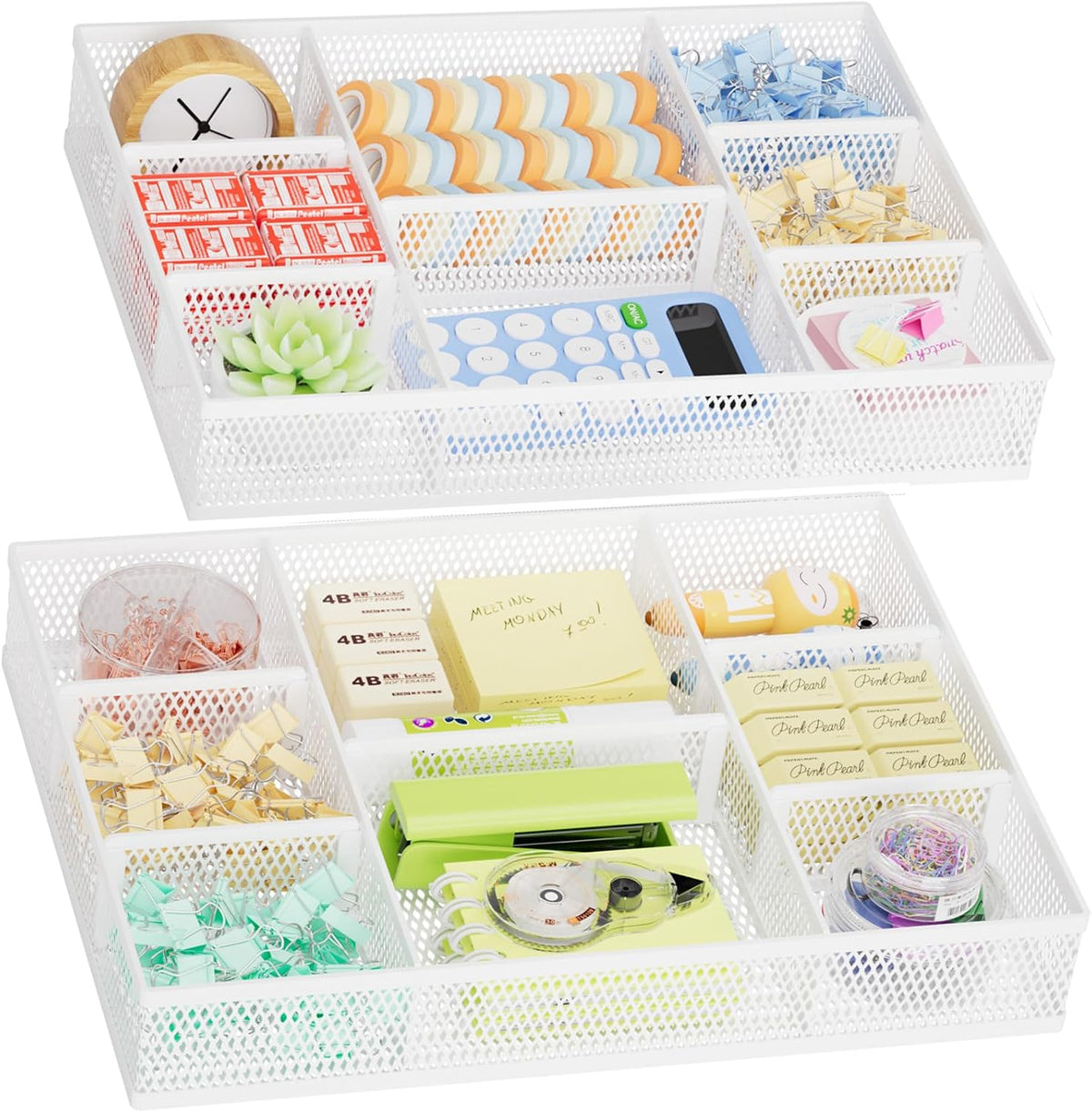 Marbrasse 2 Pack Desk Drawer Organizer, Mesh Drawer Organizer Tray with 8 Adjustable Compartments, Desk Organizers and Accessories, 5 Dividers for Office Supplies, Makeup & Vanity (White) - Field & Nook