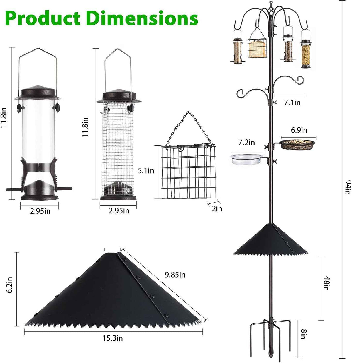 94-Inch Bird Feeding Station Kit, 6-Hook Pole with Squirrel Baffle | Bird Bath Bowl, Mesh Seed Tray, Freestanding 5-Prong Base, Removable Parts, Easy Assembly, for Patio, Lawn and Garden