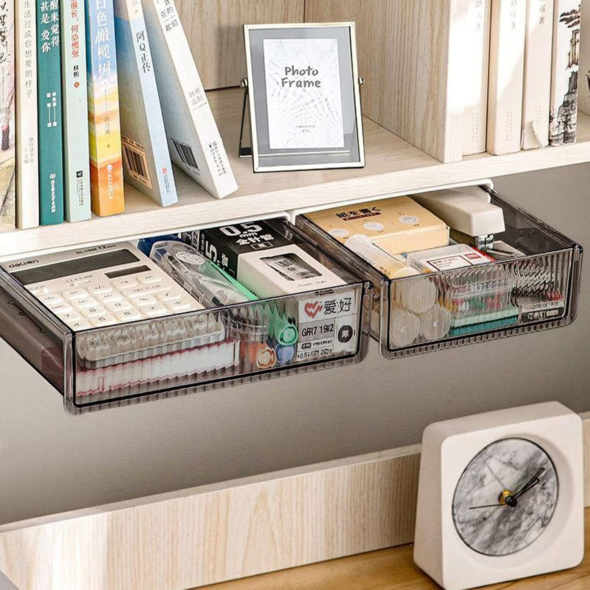 2Pcs Under Desk Storage Drawers Slide Out,Large&Medium, Stick On Desk Drawer Organizer Hidden Under Table Drawer for Home Office School Organization and Storage-Transparent Black - Field & Nook