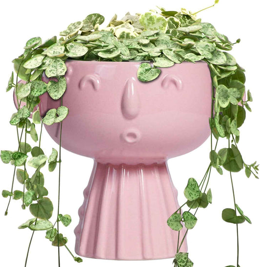 Face Pots for Plants - 7 Inch Ceramic Face Planters Pots Head for Indoor Outdoor, Small Funny Succulent Planters with Drainage Hole, House Room Apartment Decor, Gifts for Women, Bright Pink