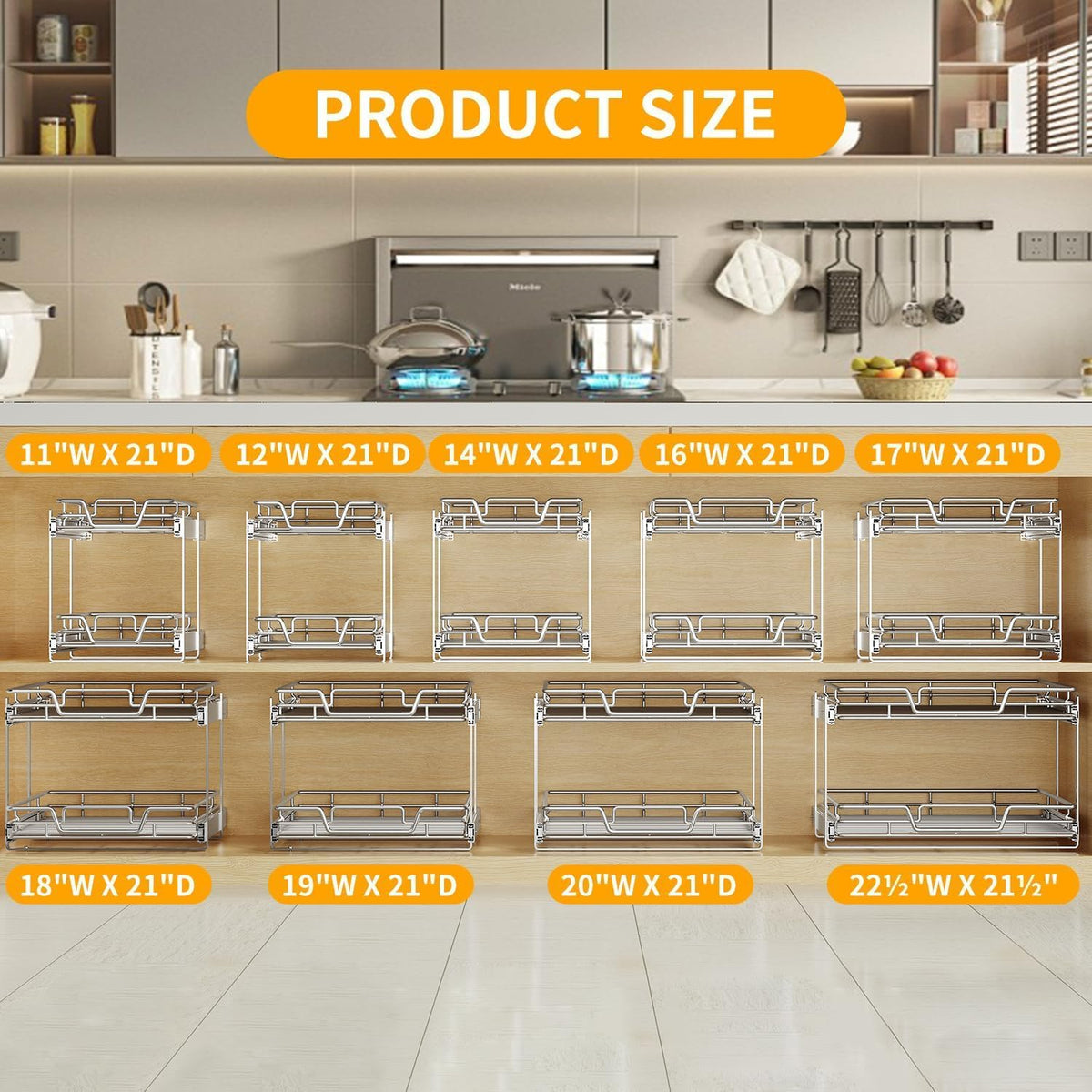 2-Tier Kitchen Cabinet Pull Out Shelf Organizer, 14" W x 21" D