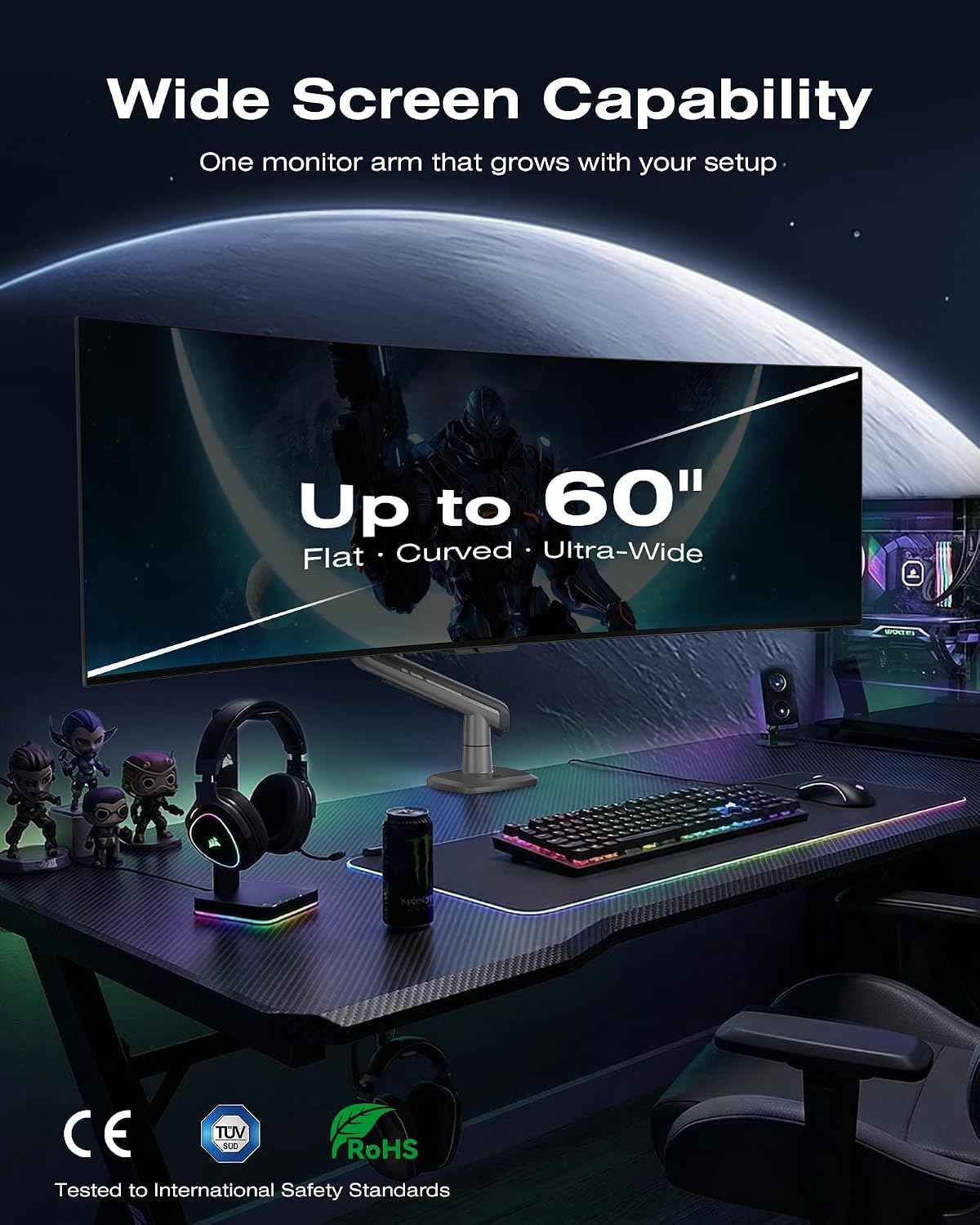 NB Gaming Monitor Arm for Screen up to 60 inches, Holds 44 lbs(20 kg), VESA 75/100, RGB Light, Heavy Duty Monitor Stand, Aluminum Ultrawide Screen Mount Height Angle Adjustable Grey Black
