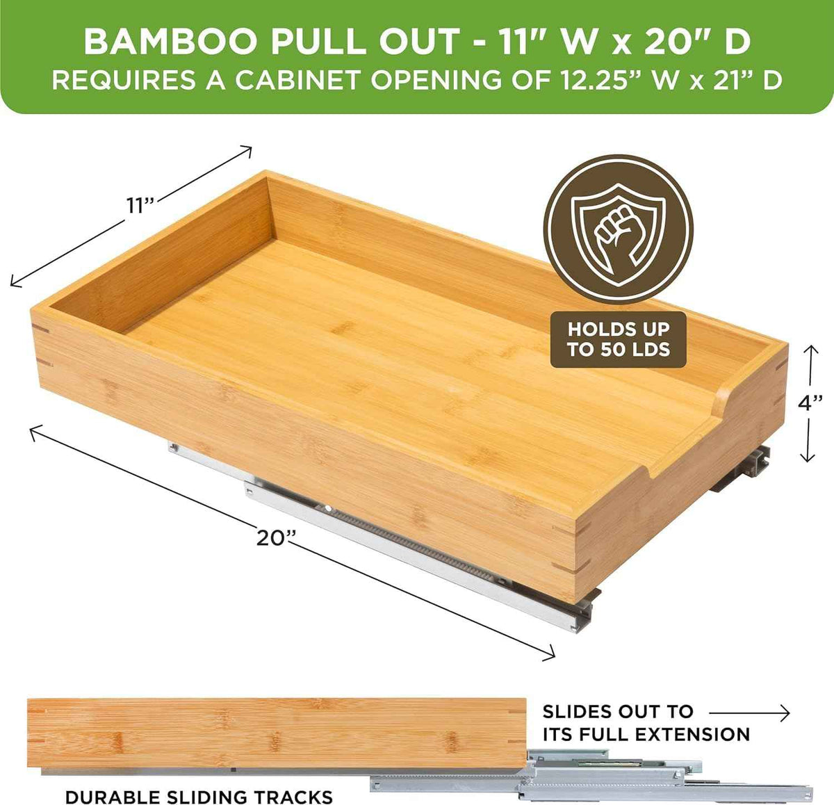 HOLDN’ STORAGE Bamboo Pull-Out Cabinet Organizer, 11" W x 21" D