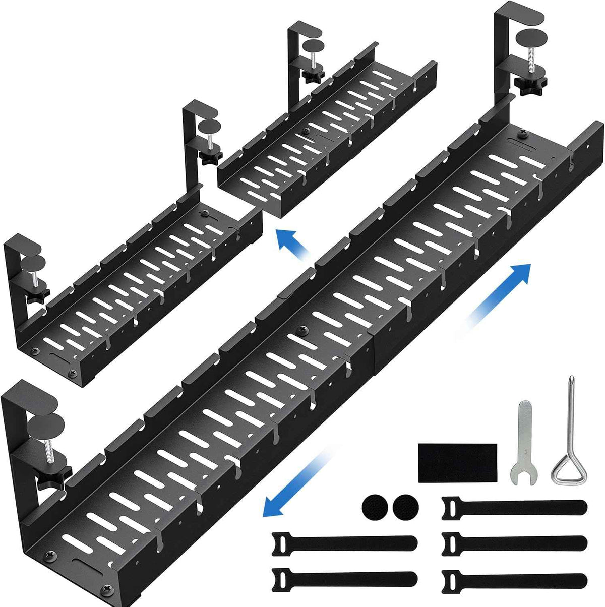 31-Inch Extendable Under-Desk Cable Tray – No-Drill Clamp-On Metal Cord Organizer, Black