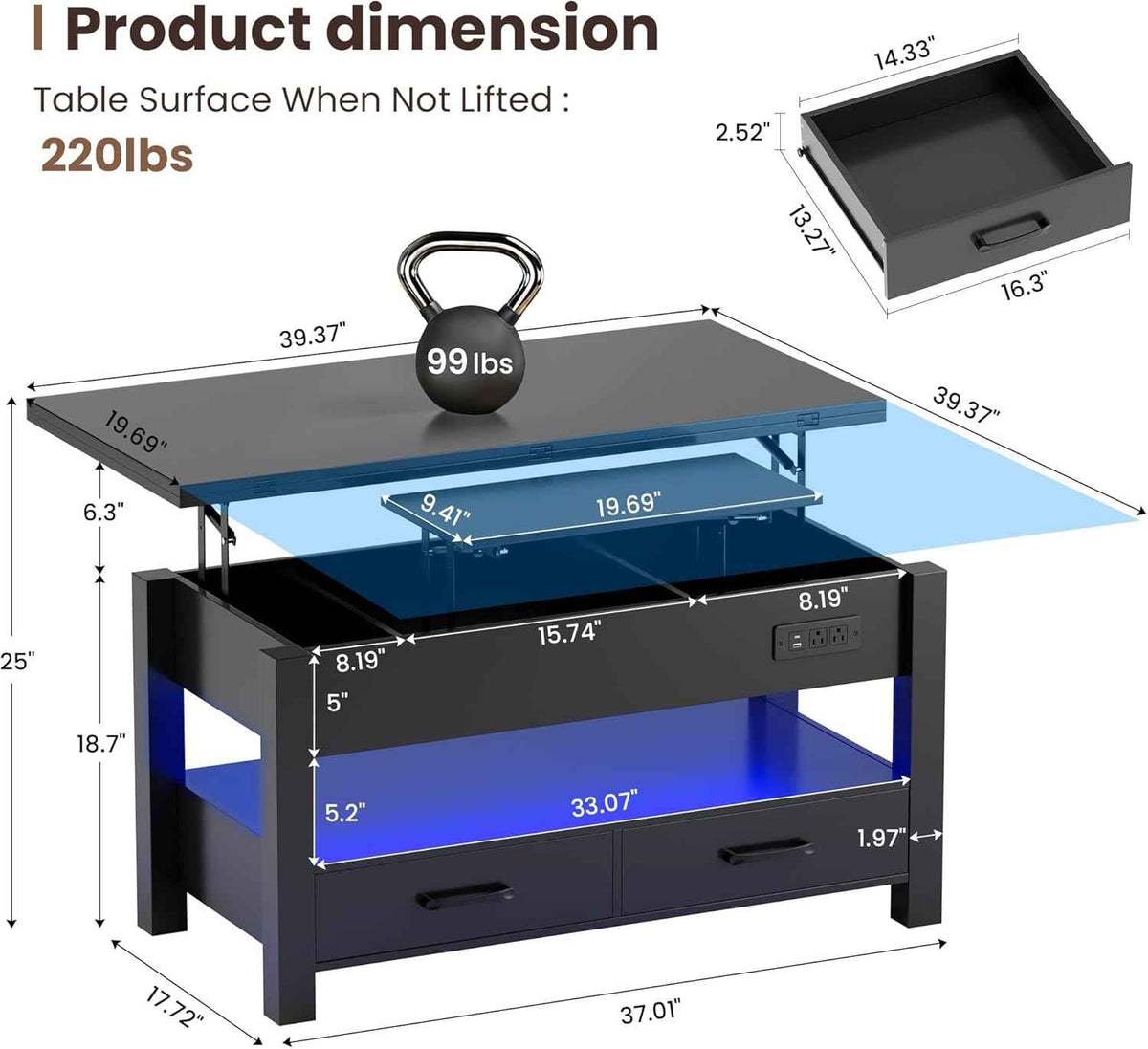 MALOL 40" Lift Top Coffee Table with Storage Drawers, Black