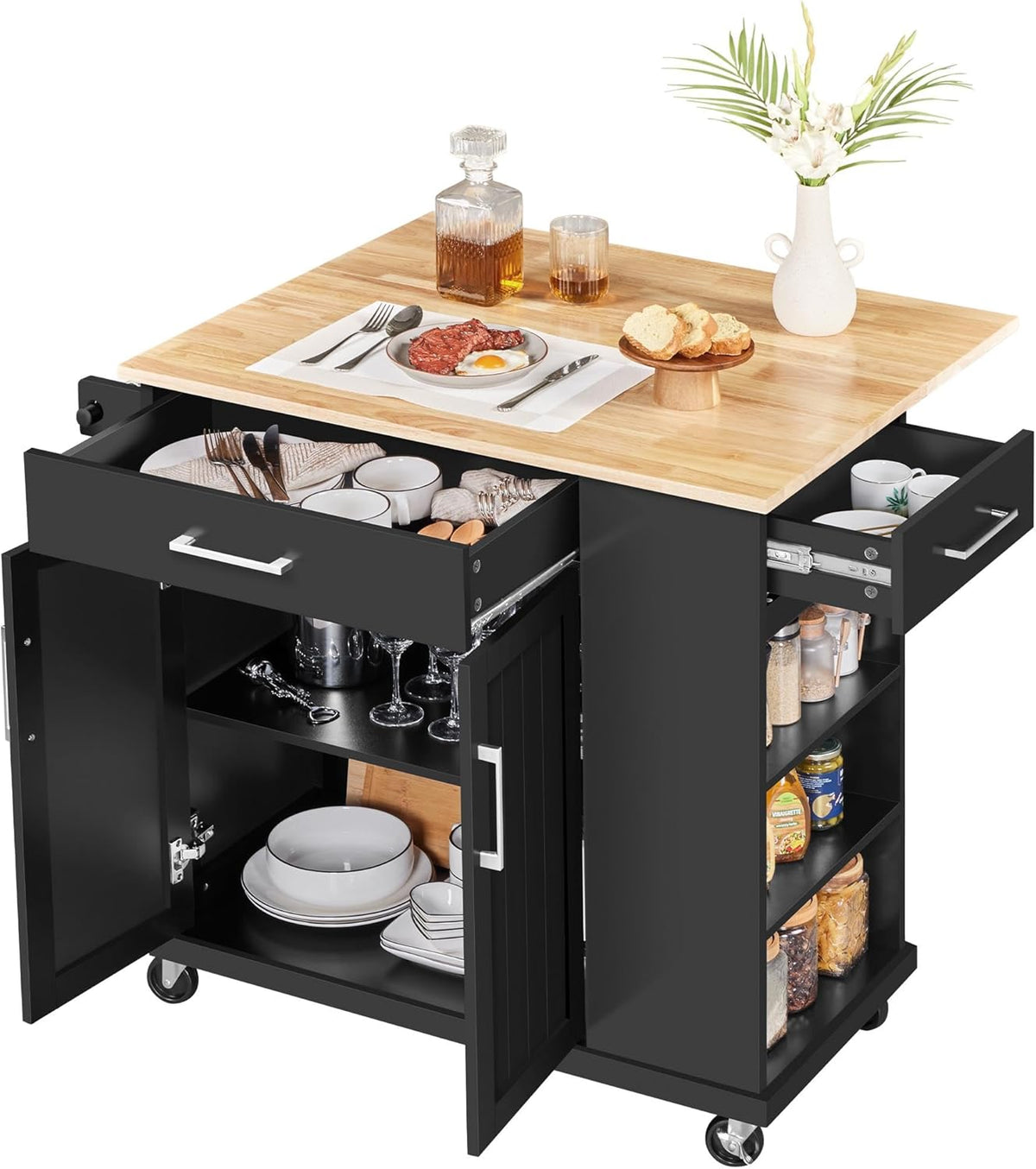 Rolling Kitchen Island Cart – Drop Leaf, Drawers, Cabinet & Towel Bar, Black
