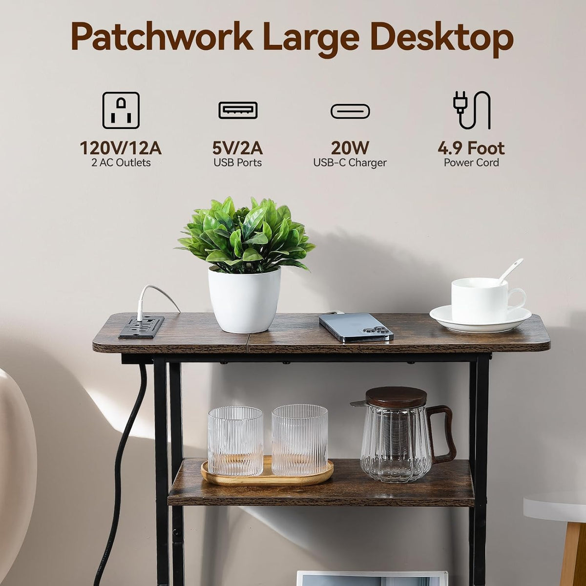 Narrow Sofa Side Table – Charging Station and Storage Shelves