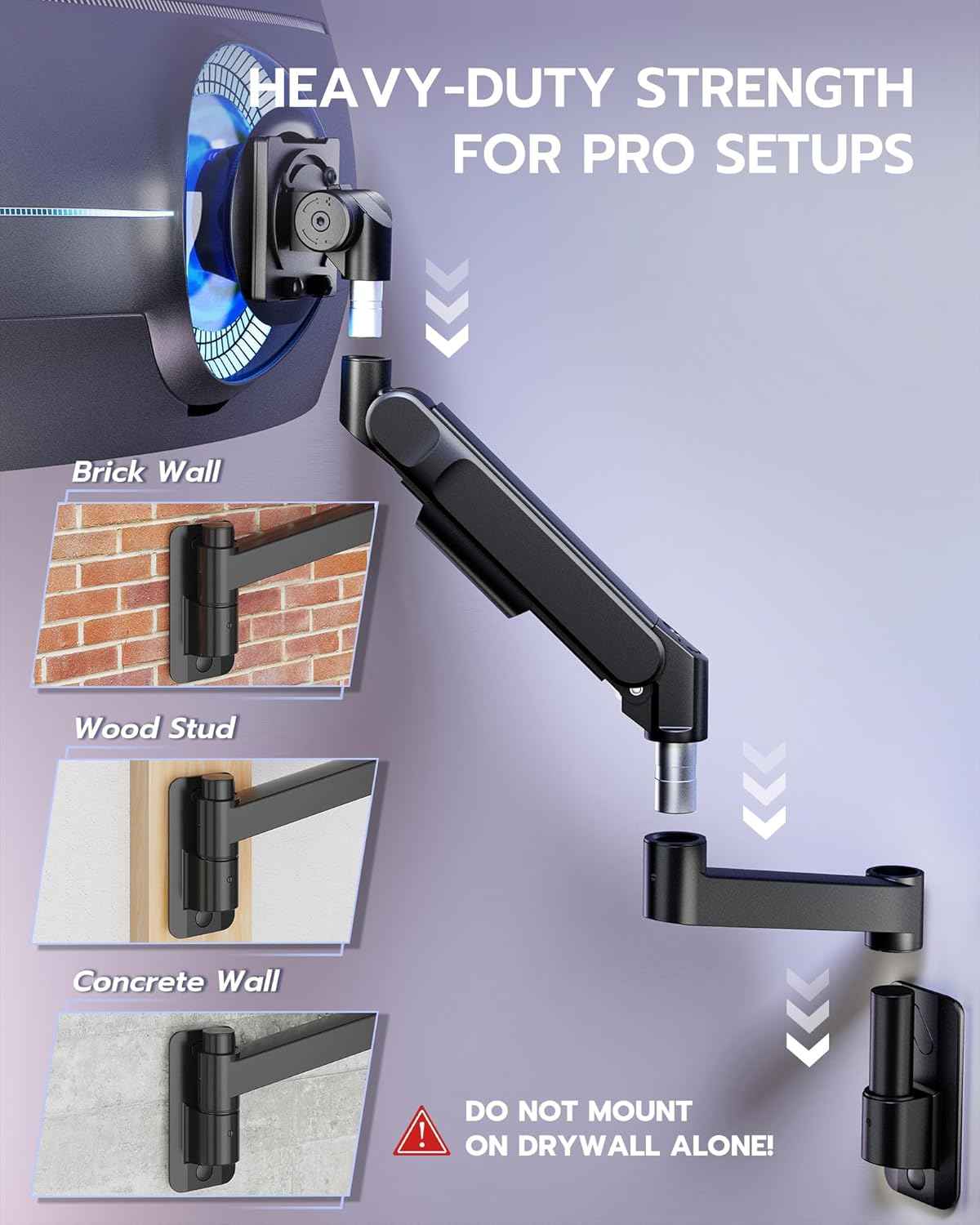 ARES WING Monitor Wall Mount for 24-57 Inch Ultrawide Screen, Black | Premium Heavy Duty Gaming Monitor Arm for 60 lbs, Full Motion Gas Spring, Bearing Head for Easy Adjustment, 75/100 VESA Mount
