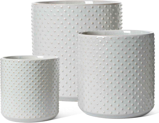 LE TAUCI Ceramic Plant Pots Indoor, 10+8+6 Inch Planters for Indoor Plants, Raised Dots Flower Pots with Drainage Hole and Plug, Cylinder Round Planters, Set of 3, Glaze Star Gray