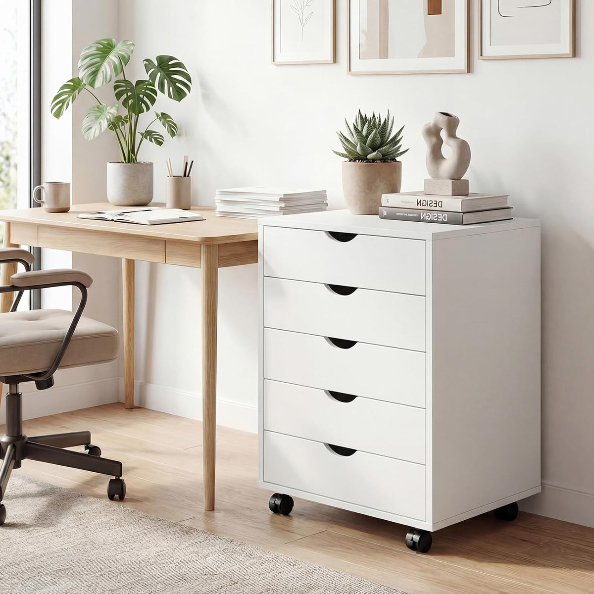 Mobile File Cabinet Under Desk, 5 Drawer Storage Organization | Printer Stand with Wheels, Vertical Filing Chest Rolling Wood Small Desk Printer Stand for Home Office, Living Room, White - Field & Nook