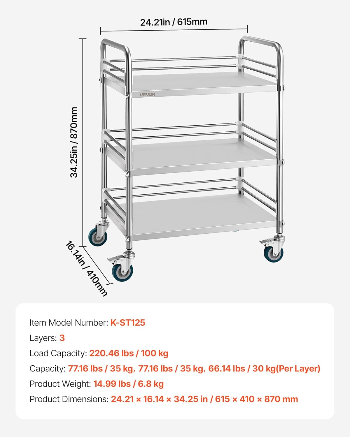 VEVOR Stainless Steel Rolling Cart, 3-Tier Metal Utility Cart with Lockable Wheels, Medical Serving Trolley Clinic Tray, Mobile Service Cart for Hospital, Lab, Restaurant, Kitchen, Salon - Field & Nook