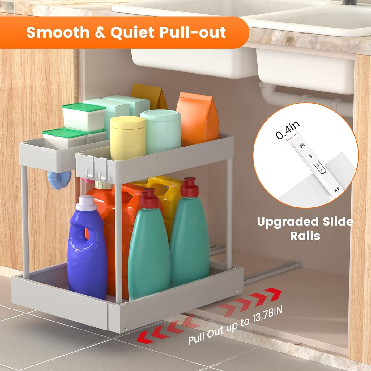 Expandable Under Sink Organizers and Storage,Width Adjustable (14.9-23.6IN),No Drill 2-Tier Pull Out Under Cabinet Organizer for Kitchen Bathroom Laundry White - Field & Nook