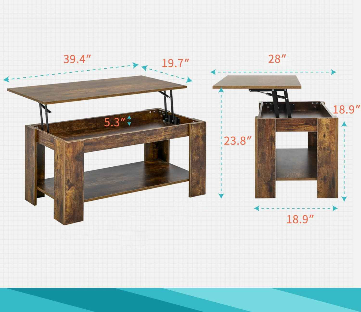 FDW 39.4" Lift Top Coffee Table with Hidden Storage, Brown