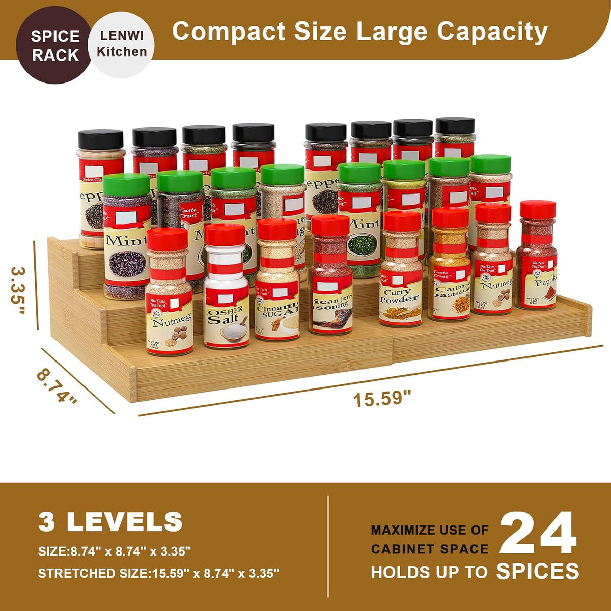Lenwi Spice Rack Organizer for Cabinet, 3 Tier Expandable Bamboo Spice Storage for Kitchen Cupboard Pantry - Field & Nook