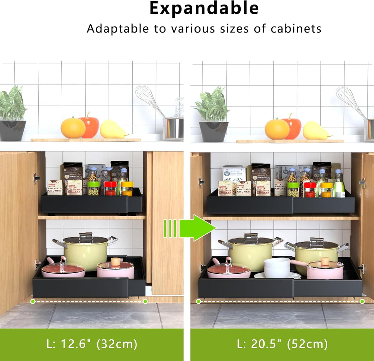 Mlinavn 2 Pack Pull Out Cabinet Organizer,21" Deep Slide Out Drawer Organizers,No Drill Pull Out Drawers Adhesive with Nano Compatible Framed Cabinets Shelves for Kitchen Pantry Adjustable Width - Field & Nook