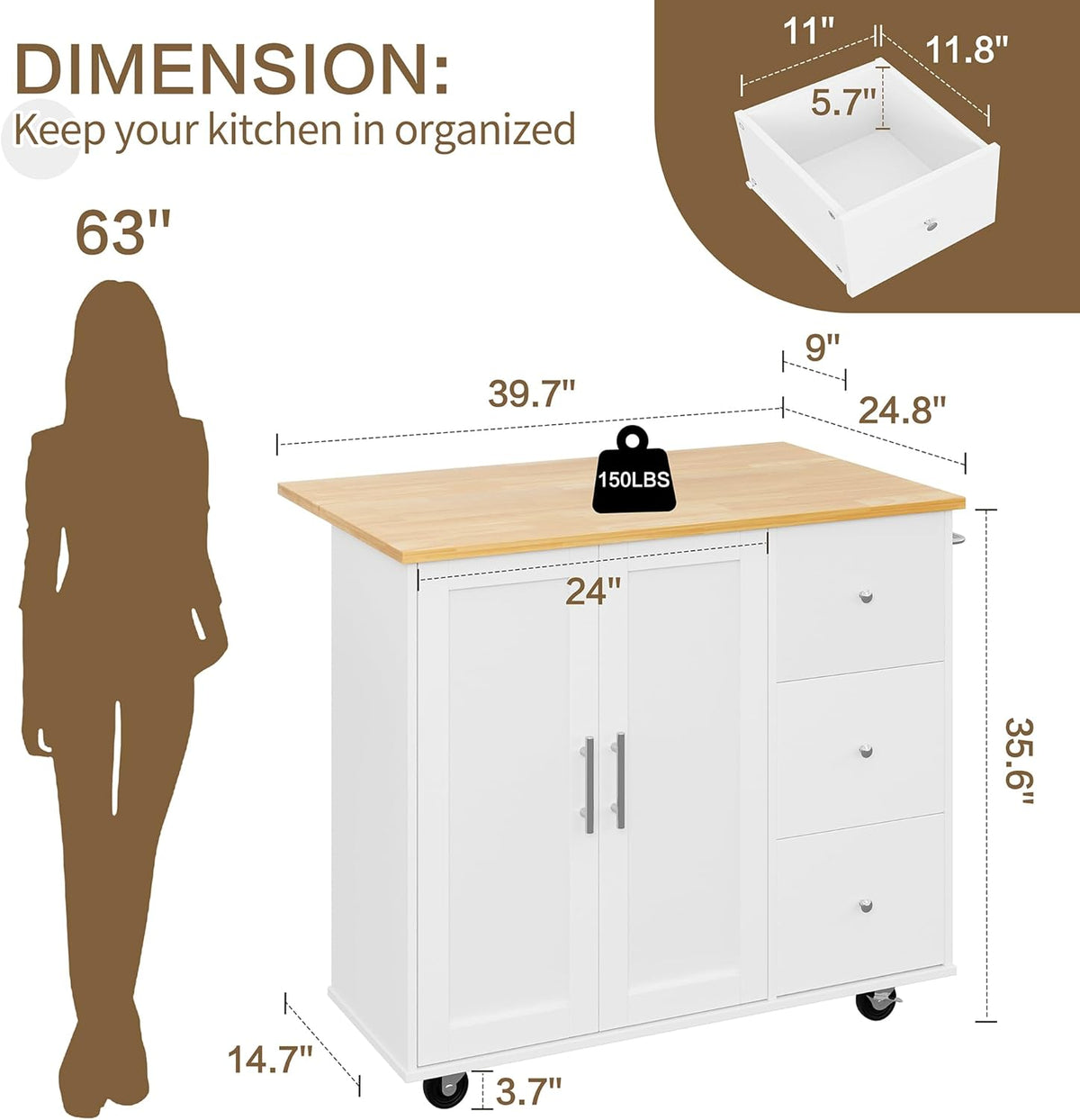 Rolling Kitchen Island – 39.7-Inch, Drop Leaf, Drawers & Cabinet
