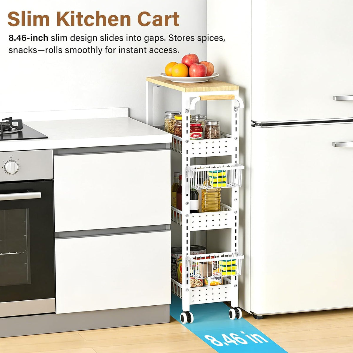 7.8 Inch Ultra-Slim 4-Tier Rolling Storage Cart with Adjustable Shelves - Field & Nook