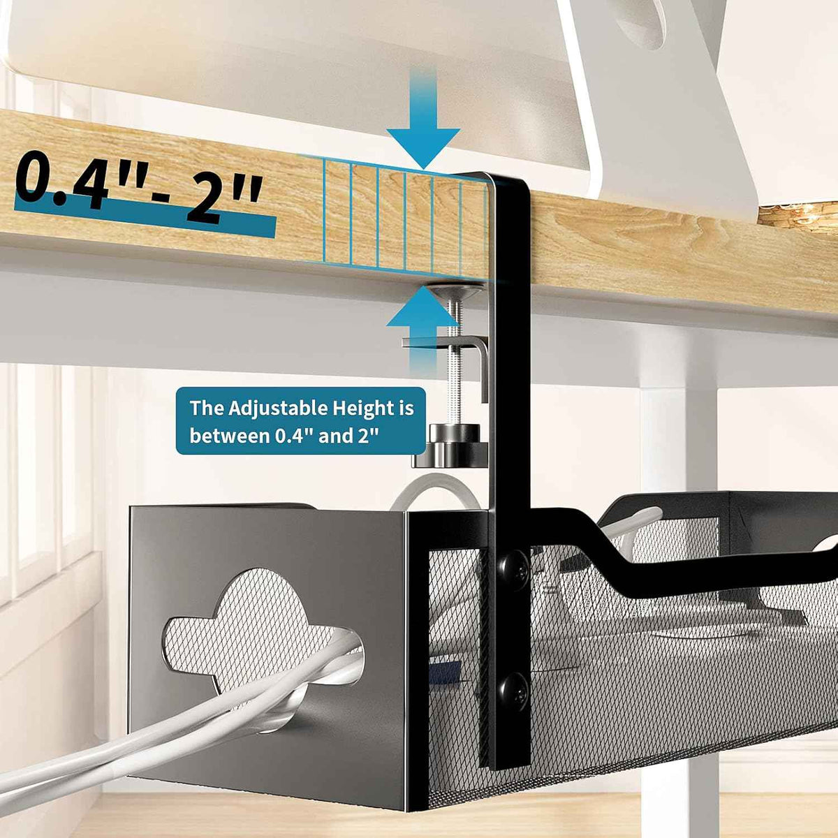 Clamp-On Metal Mesh Cable Tray – No-Drill Under-Desk Cord Organizer with Routing Holes, Black