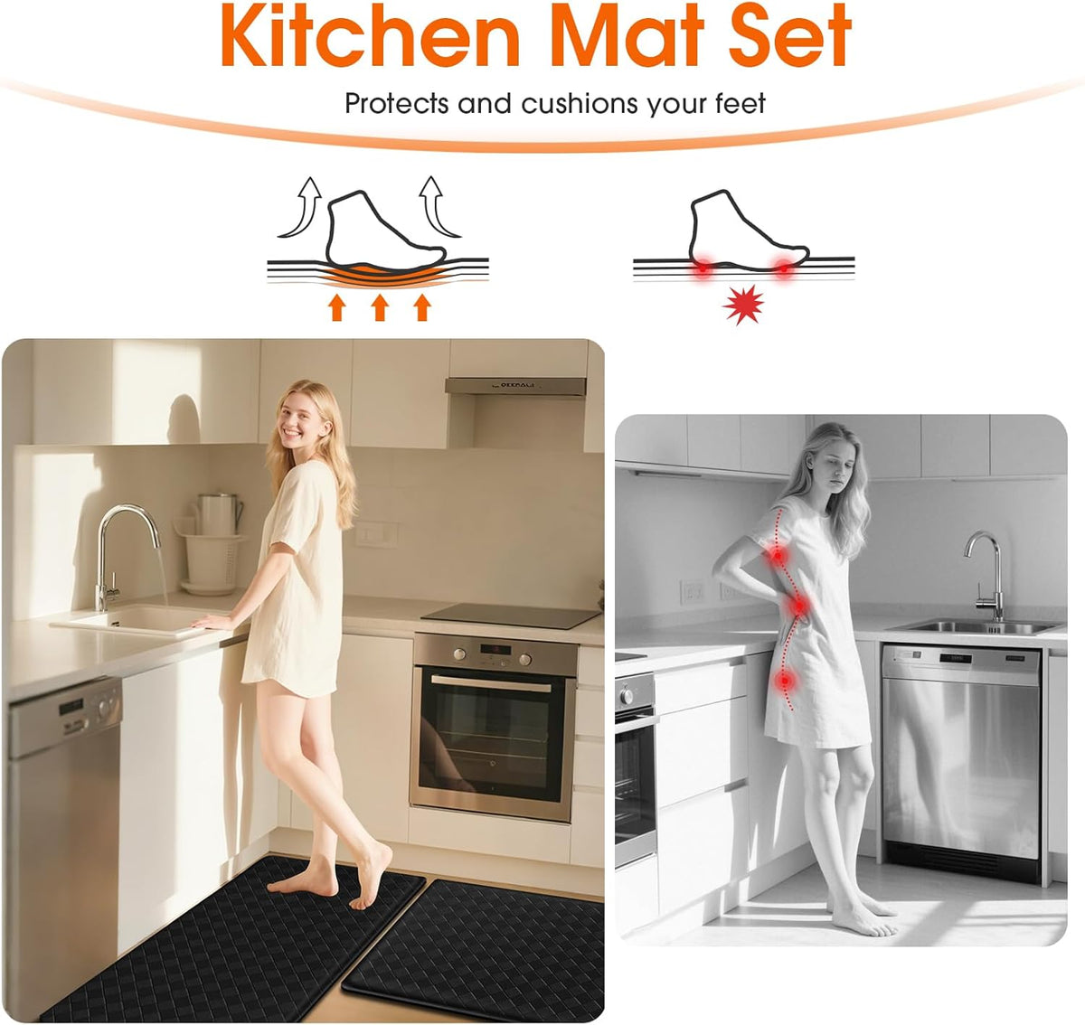 TranquilRelax 2-Piece Kitchen Mats, Cushioned Non-Slip Floor Mats, Black | Kitchen mats for floor, water-resistant anti fatigue mats for kitchen floor,laundry & entryway, 17.3 x 30 and 17.3 x 47 in
