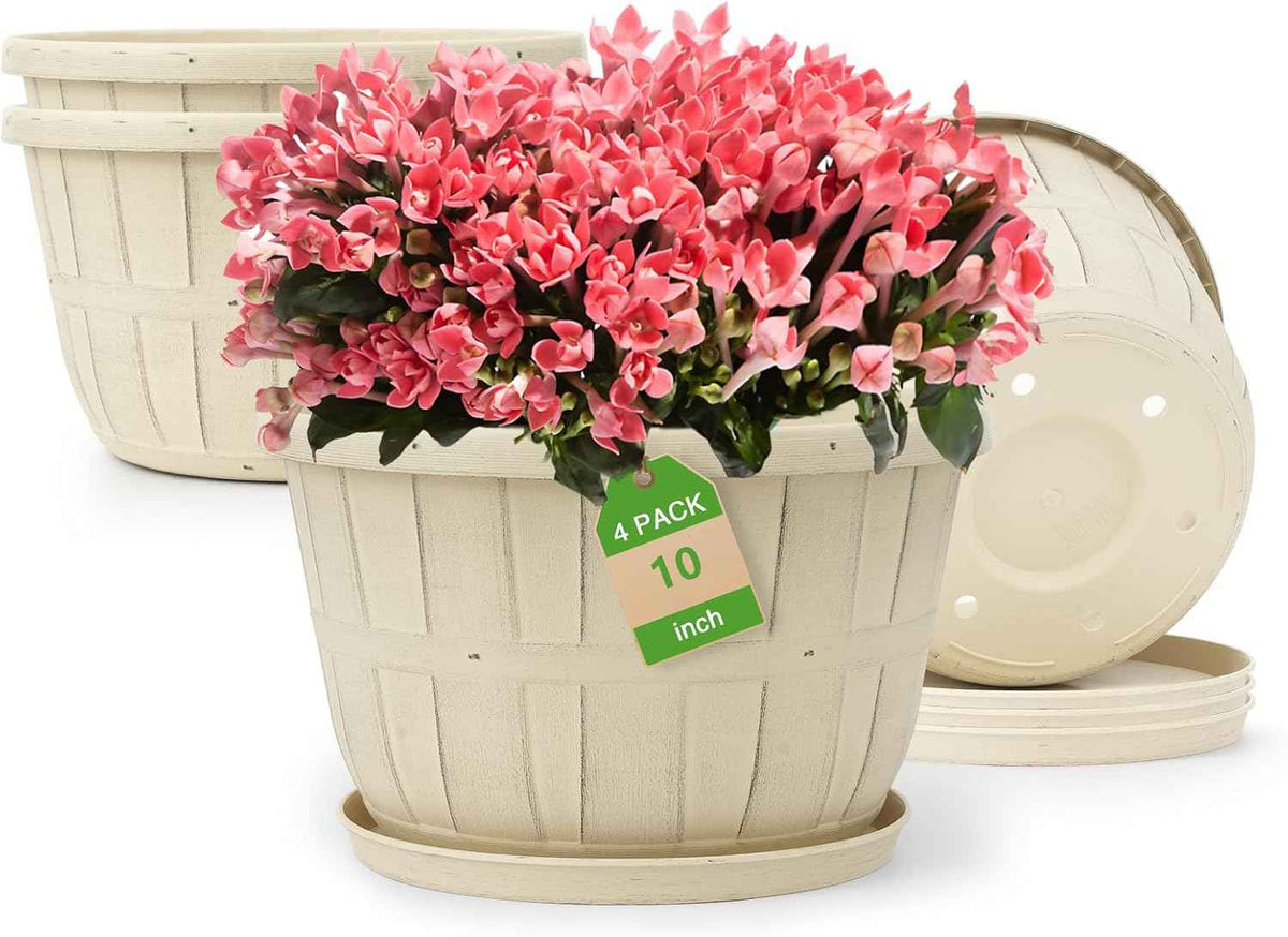 Quarut 10 inch Plastic Flower Pots for Indoor Plants，4 Pack Large Outdoor Planter Pot with Drainage Holes & Saucers，Imitation Wine Barrel Design，for Indoor Outdoor Garden Plants（White）