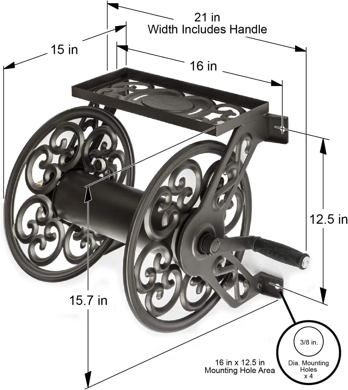 Decorative Wall-Mount Steel Garden Hose Reel – Holds 125 ft, Bronze