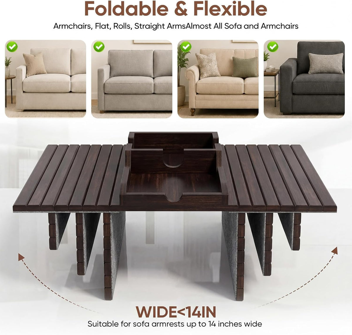 Foldable Bamboo Couch Arm Tray – Cup Holder for 4.7–16.9 Inch Armrests