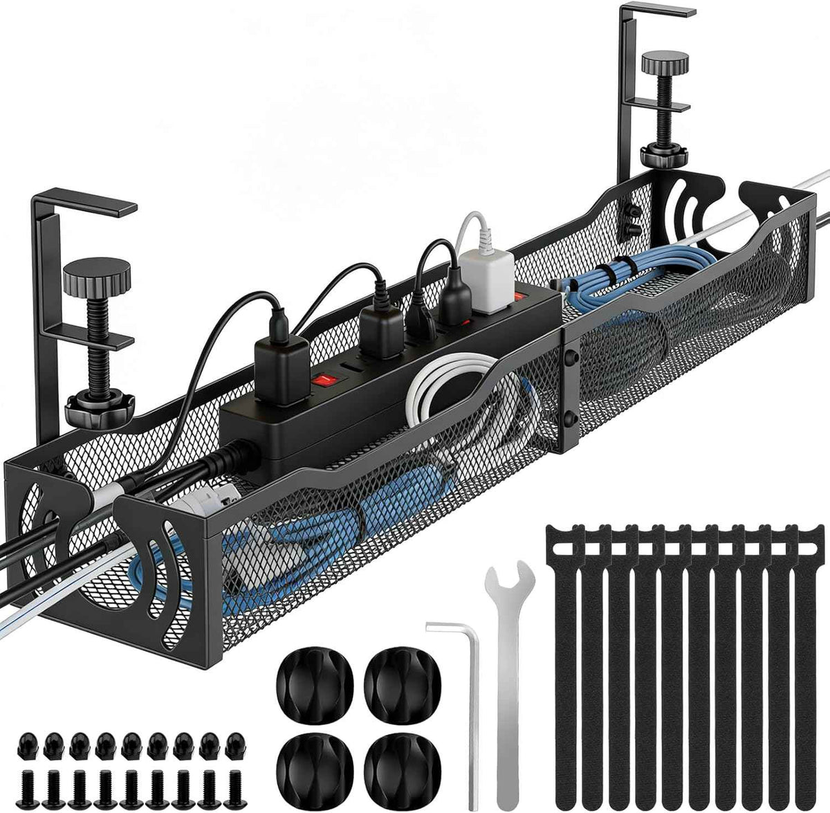 25.3-Inch Under-Desk Cable Tray – No-Drill Clamp-On Metal Cord Organizer, Black