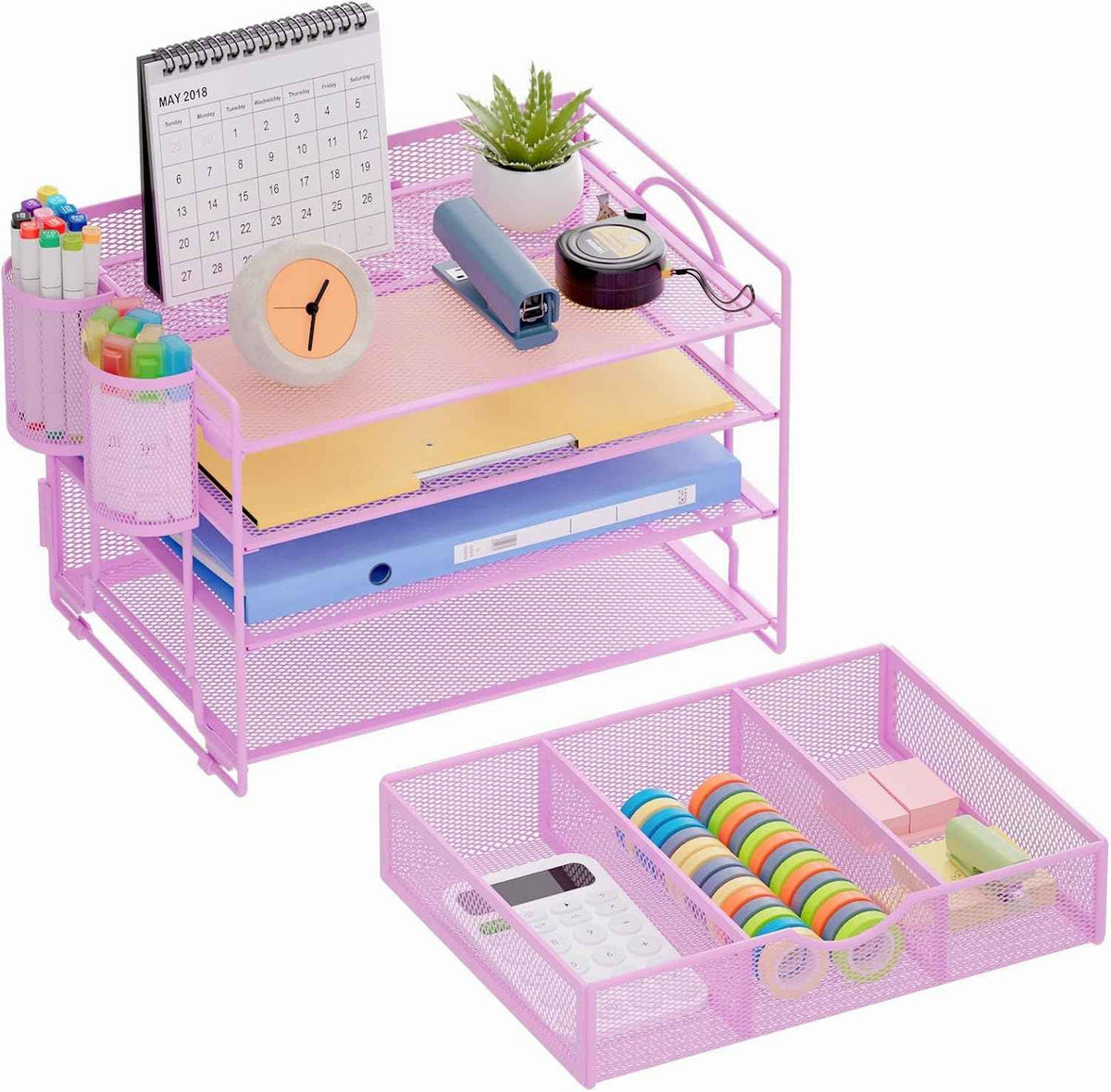 Marbrasse Desk Organizer, 4-Tier Paper File Letter Tray, Purple | Sturdy Paper Tray, File Holder, Built-in Drawer, 2 Pen Slots, fits Letters/Files, for School Home Office Supplies