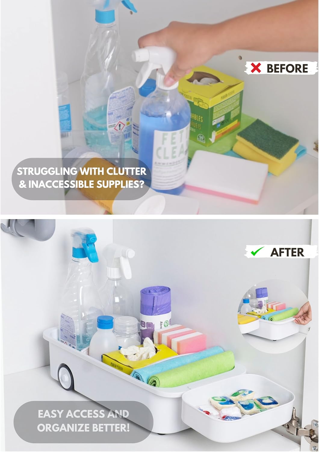 GAROOD Kitchen Under Sink Organizer Cleaning Supply Caddy Storage Bin Under Sink Caddy Rolling Cleaning Organizer with wheels Pull out tray Bathroom Kitchen Organizers Storage 16.5*8*3.75 in - 1 pack - Field & Nook