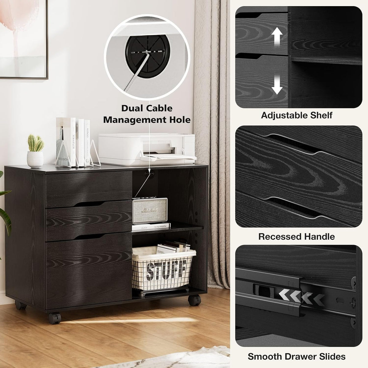 DUMOS File Cabinet with 3 Drawers, Wood Under Desk Storage Printer Stand | Rolling Lateral Filing Cabinet with Adjustable Shelves for Home Office Study Organization,Black - Field & Nook