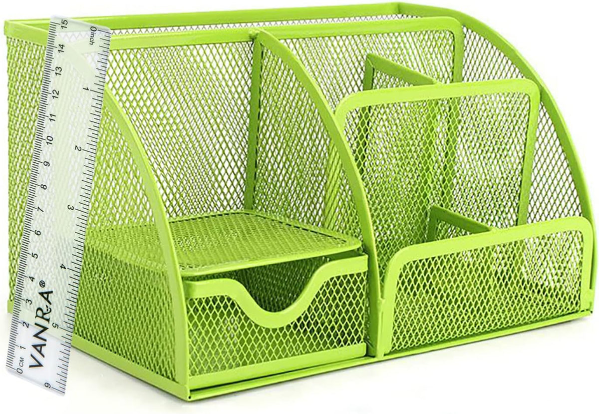 VANRA Office Supply Caddy Mesh Desk Organizer School Supply Holder 6 Compartments with Drawer (Green) - Field & Nook